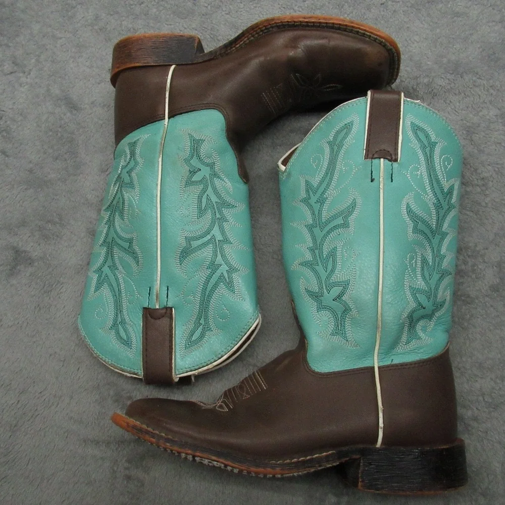 Justin Cowboy Boot Youth 1D Square Toe Brown Turquoise Western Embroidery Riding